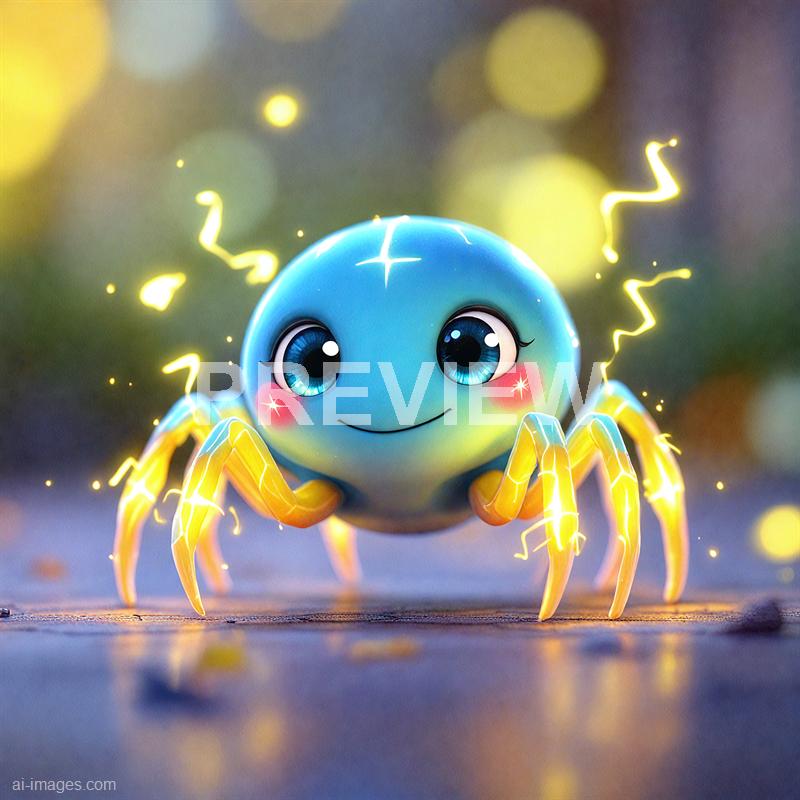 The image features an animated, cute, and colorful spider with a round, bright blue body and large, expressive blue eyes with long eyelashes. The spider has a cheerful expression with a small smile and rosy cheeks, and is surrounded by yellow, lightning-like sparks or energy emanating from its body, creating a lively and magical atmosphere. The background is blurred with bokeh light effects, emphasizing the spider as the central subject.